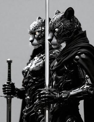 The primary subject of the image is a pair of robotic cats holding swords. They are standing next to each other, with one cat on the left and the other on the right. The setting is a gray background, which provides a contrasting backdrop for the robotic cats. The visual style is a combination of digital art and illustration, creating a futuristic and intriguing scene. The colors are predominantly black and gray, giving the image a dark and mysterious atmosphere.